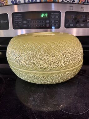 Temp-Tations Olive Green Embossed Ceramic Covered Dish